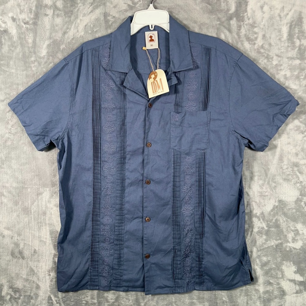 Dandy Del Mar Brisa Linen Shirt Mens XL New Blue Button Up Floral Short Sleeve
